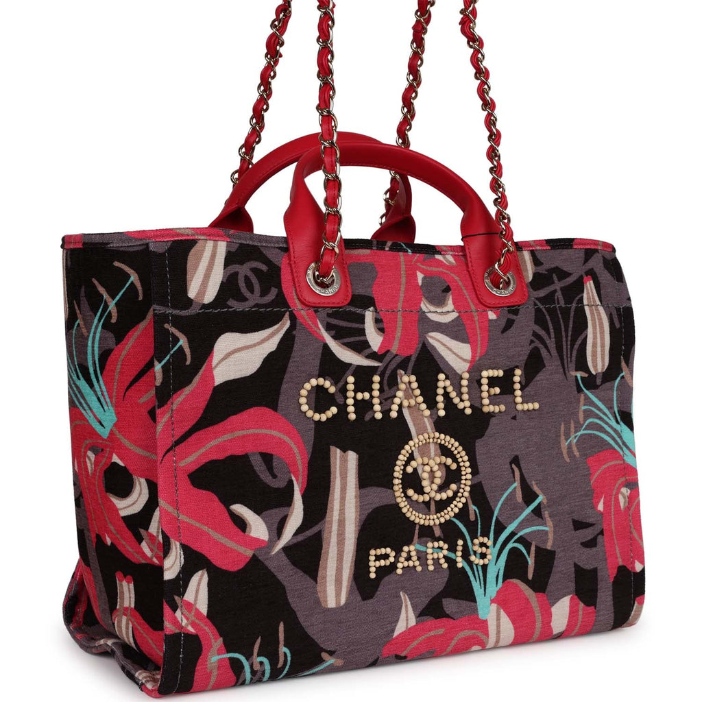 Chanel Medium Deauville Shopping Tote Grey and Pink Tropical Floral Velvet Light Gold Hardware