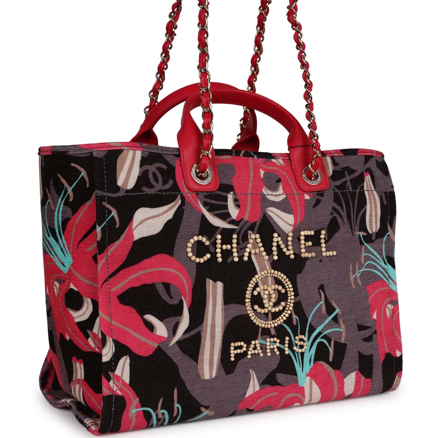 Chanel Medium Deauville Shopping Tote Grey and Pink Tropical Floral Velvet Light Gold Hardware