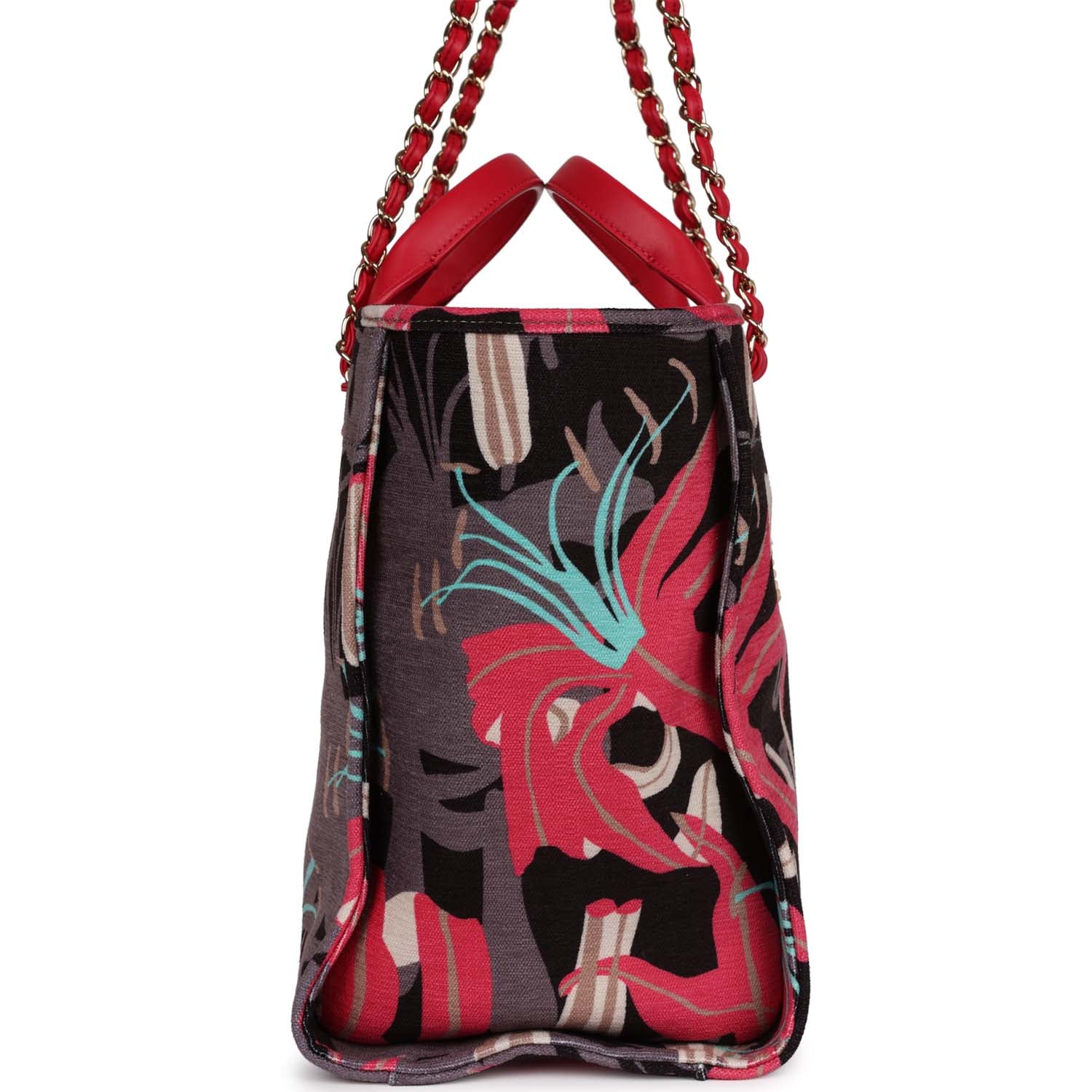 Chanel Medium Deauville Shopping Tote Grey and Pink Tropical Floral Velvet Light Gold Hardware