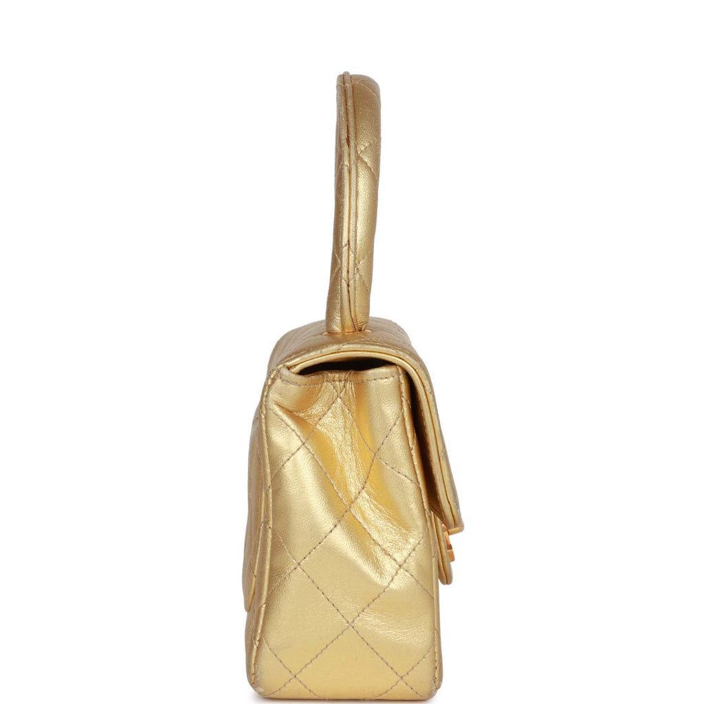 Vintage Chanel Mini Top Handle Kelly Child Flap Bag Gold Metallic Lambskin Gold Hardware