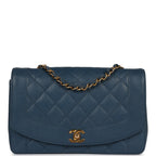 Vintage Chanel Medium Diana Flap Bag Blue Caviar Gold Hardware