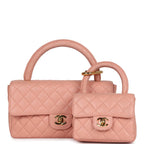 Vintage Chanel Kelly Parent and Child Flap Bag Set Pink Lambskin Gold Hardware