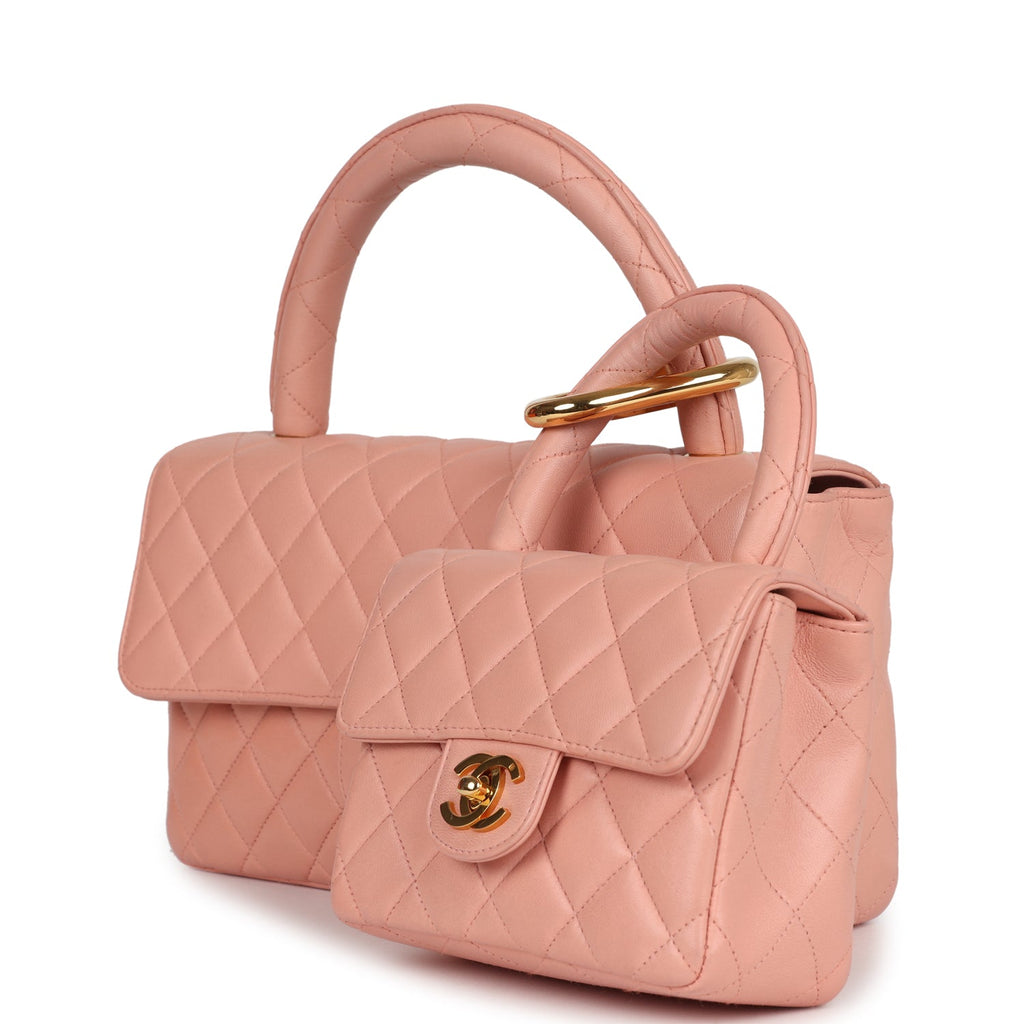 Vintage Chanel Kelly Parent and Child Flap Bag Set Pink Lambskin Gold Hardware