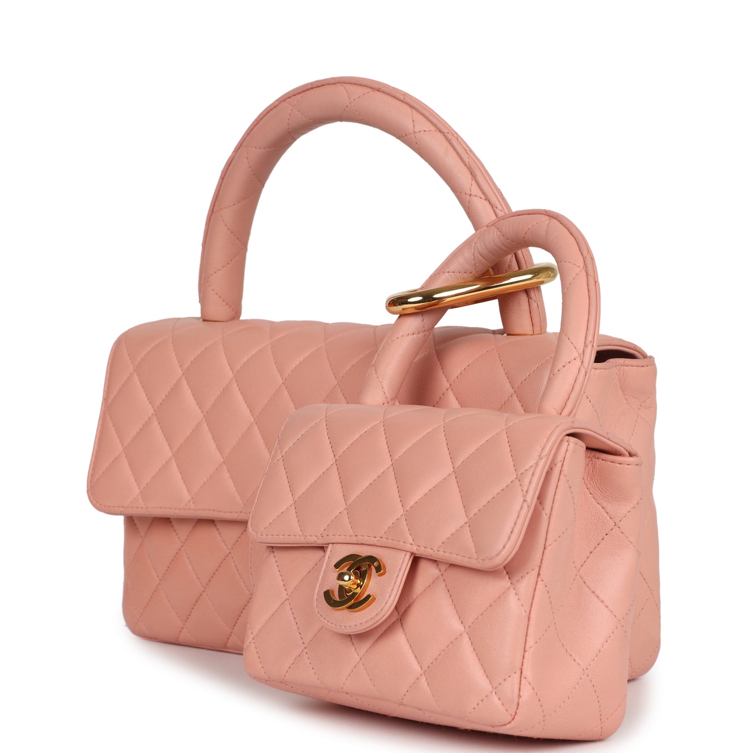 Vintage Chanel Kelly Parent and Child Flap Bag Set Pink Lambskin Gold Hardware