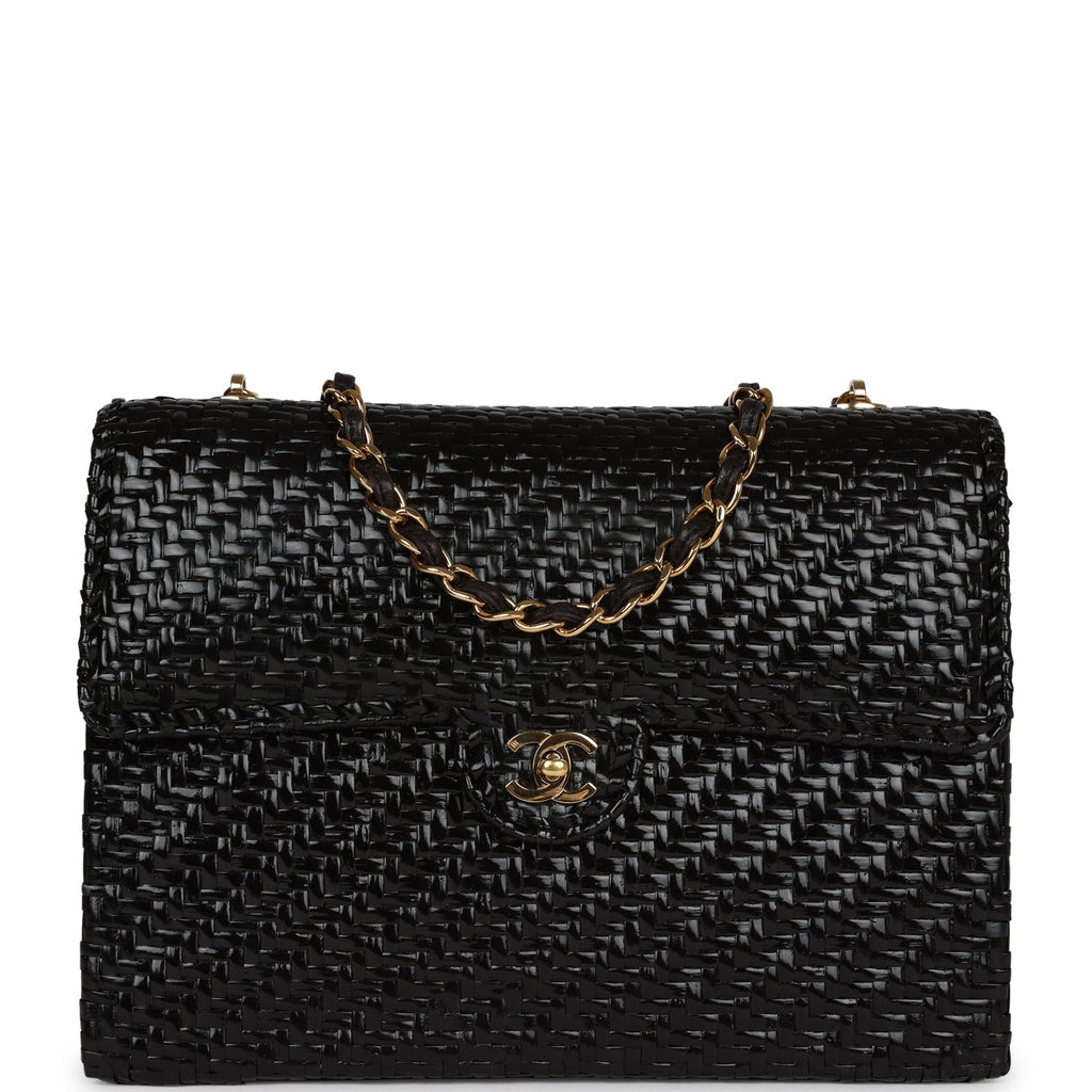 Vintage Chanel Flap Bag Black Wicker Gold Hardware