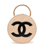 Vintage Chanel Round Vanity Bag Beige and Black Patent Leather Antique Gold Hardware
