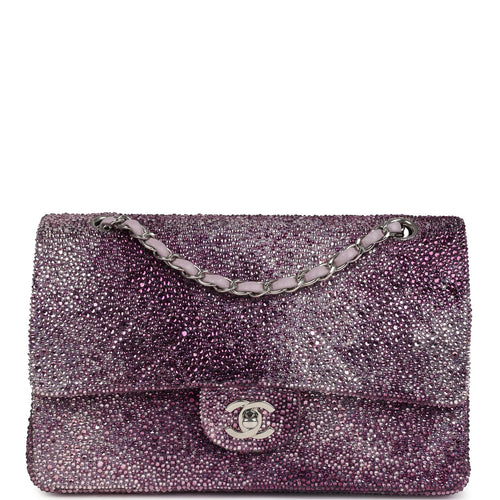 Custom Swarovski Crystal Vintage Chanel Medium Classic Double Flap Purple Lambskin Silver Hardware