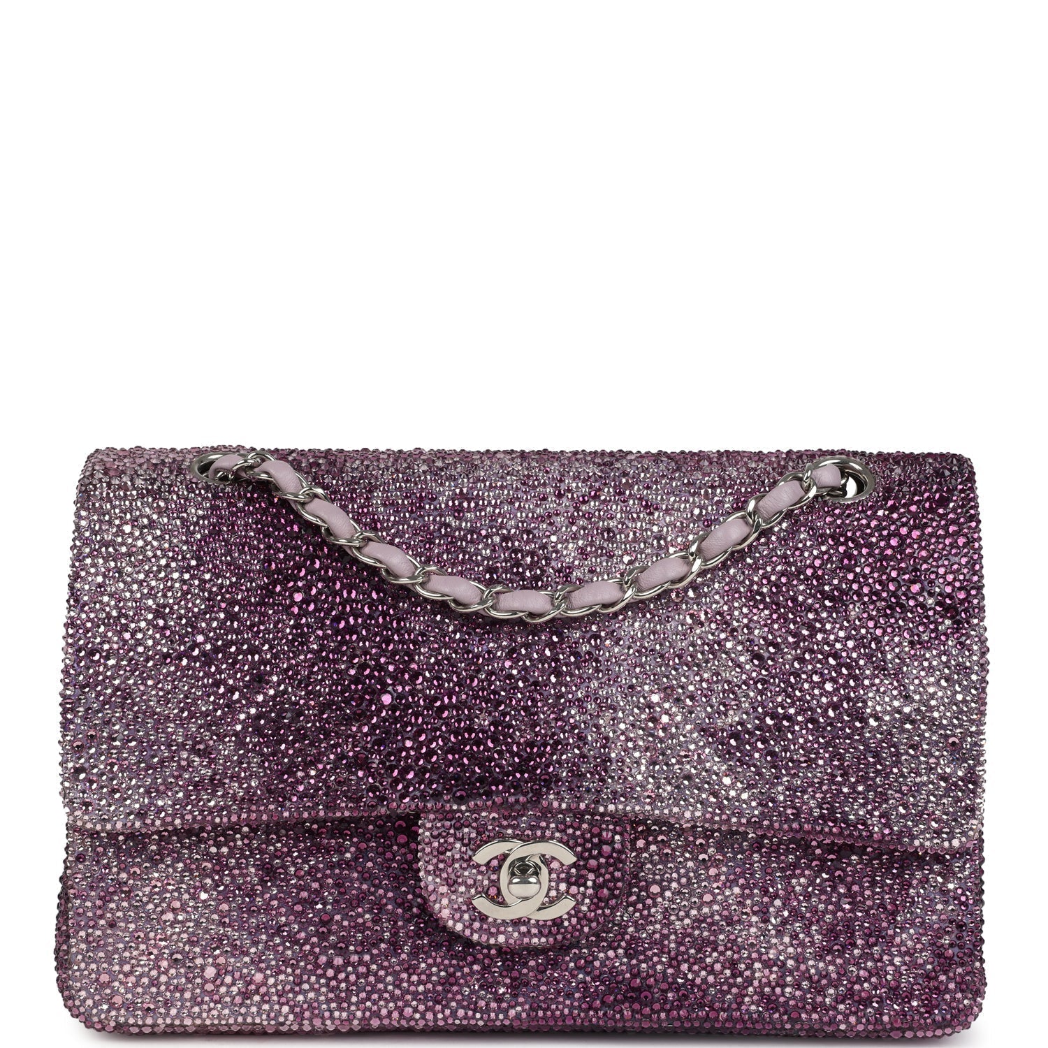 Custom Swarovski Crystal Vintage Chanel Medium Classic Double Flap Purple Lambskin Silver Hardware