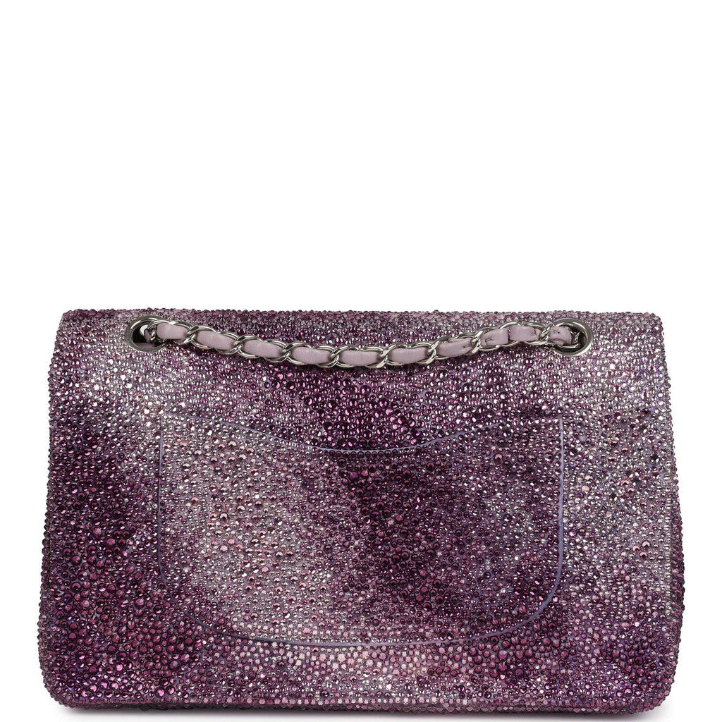 Custom Swarovski Crystal Vintage Chanel Medium Classic Double Flap Purple Lambskin Silver Hardware