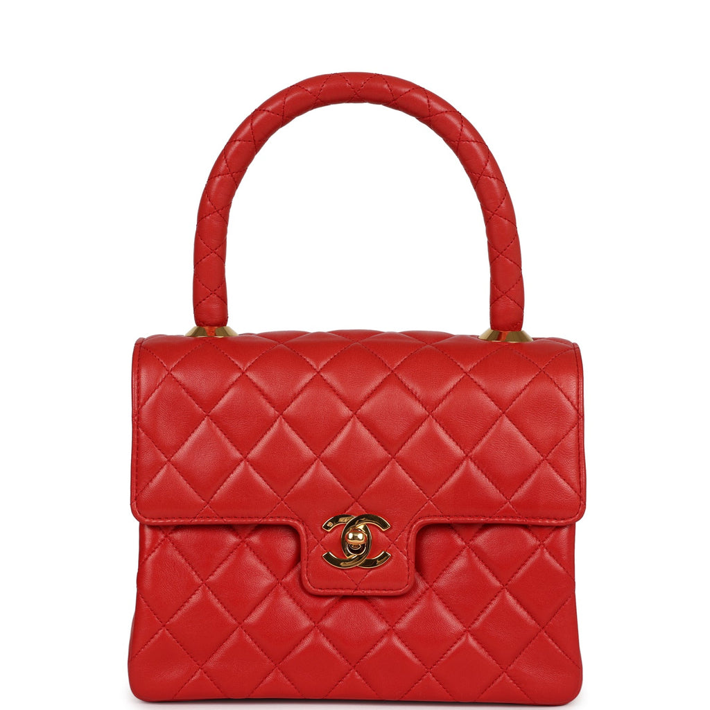 Vintage Chanel Top Handle Square Flap Red Lambskin Gold Hardware