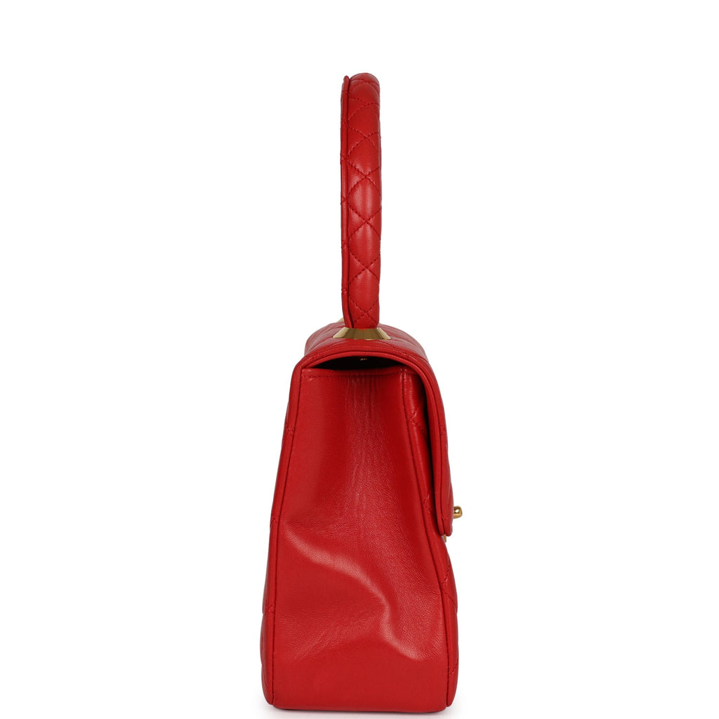 Vintage Chanel Top Handle Square Flap Red Lambskin Gold Hardware
