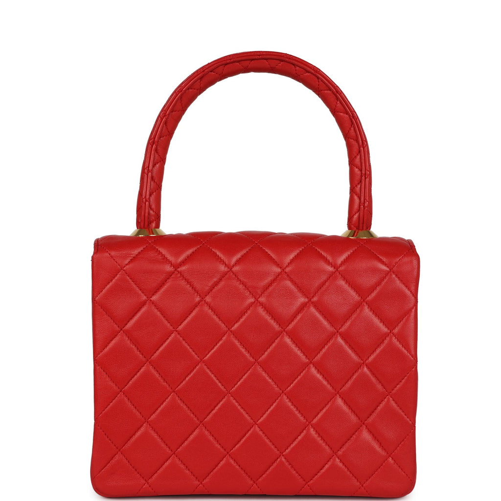Vintage Chanel Top Handle Square Flap Red Lambskin Gold Hardware