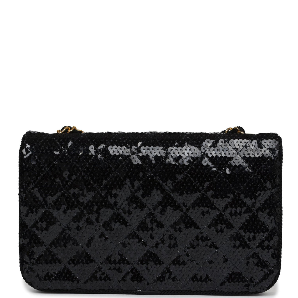 Vintage Chanel Small Flap Bag Black Sequin Gold Hardware