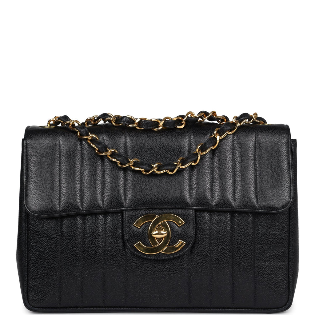 Vintage Chanel XL Jumbo Classic Mademoiselle Vertical Flap Black Caviar Gold Hardware