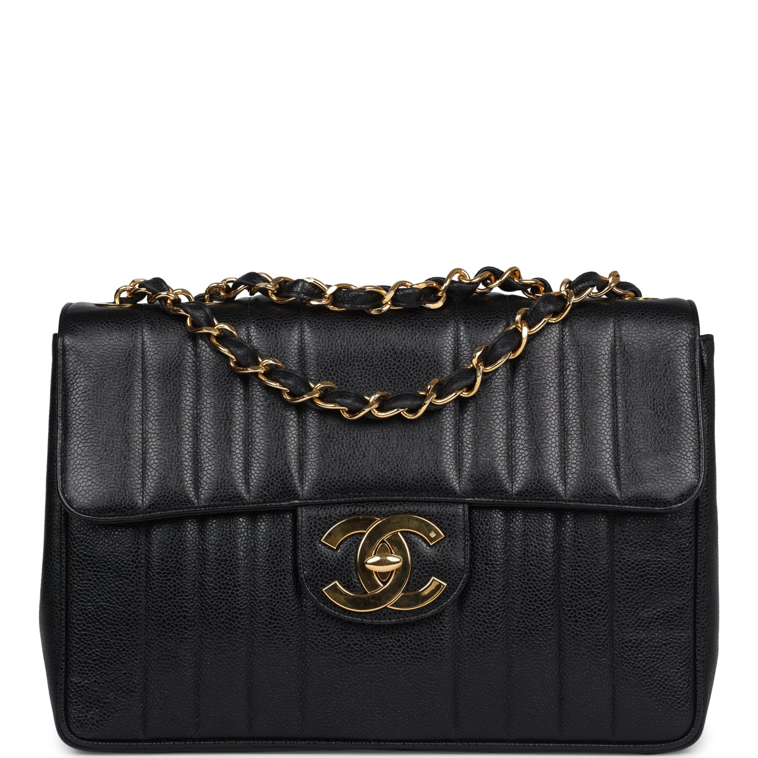 Vintage Chanel XL Jumbo Classic Mademoiselle Vertical Flap Black Caviar Gold Hardware