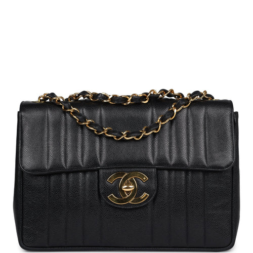 Vintage Chanel XL Jumbo Classic Mademoiselle Vertical Flap Black Caviar Gold Hardware