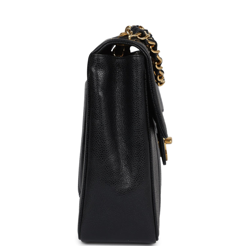 Vintage Chanel XL Jumbo Classic Mademoiselle Vertical Flap Black Caviar Gold Hardware