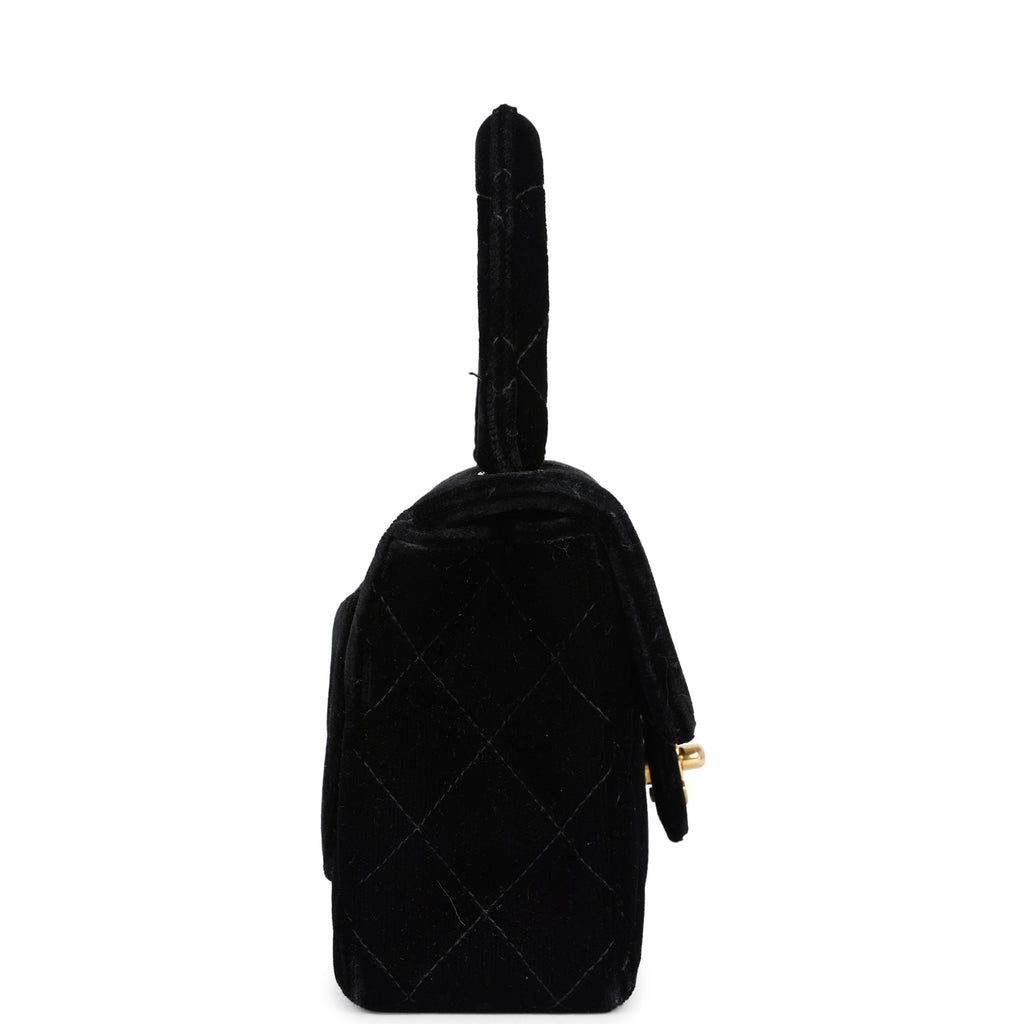 Vintage Chanel Micro Kelly Child Flap Bag Black Velvet Gold Hardware