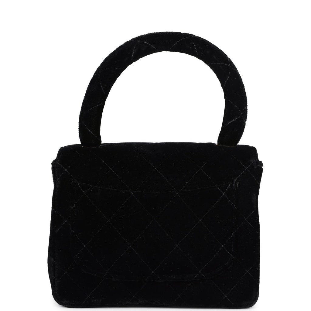Vintage Chanel Micro Kelly Child Flap Bag Black Velvet Gold Hardware