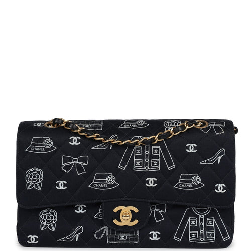 Vintage Chanel Medium Icon Print Double Flap Bag Navy Canvas Brushed Gold Hardware