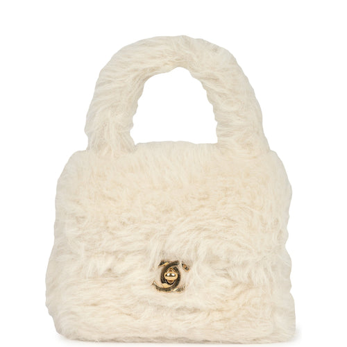 Vintage Chanel Micro Kelly Child White Rabbit Fur Gold Hardware