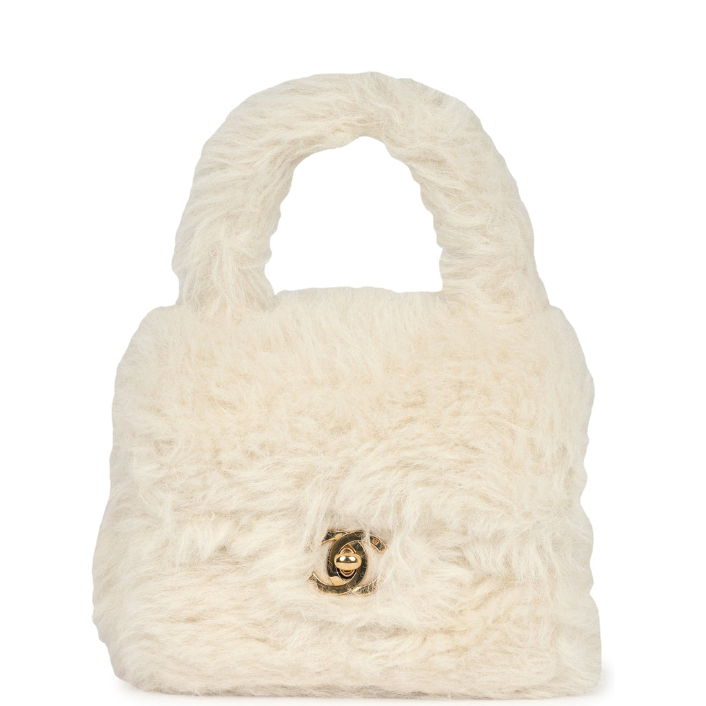 Vintage Chanel Micro Kelly Child White Rabbit Fur Gold Hardware