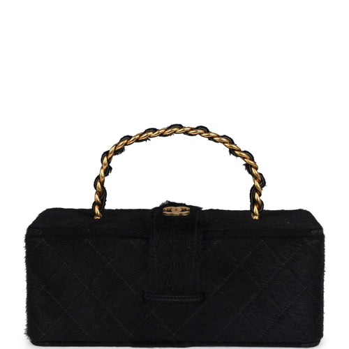Vintage Chanel Rectangular Vanity Box Black Pony Hair Antique Gold Hardware