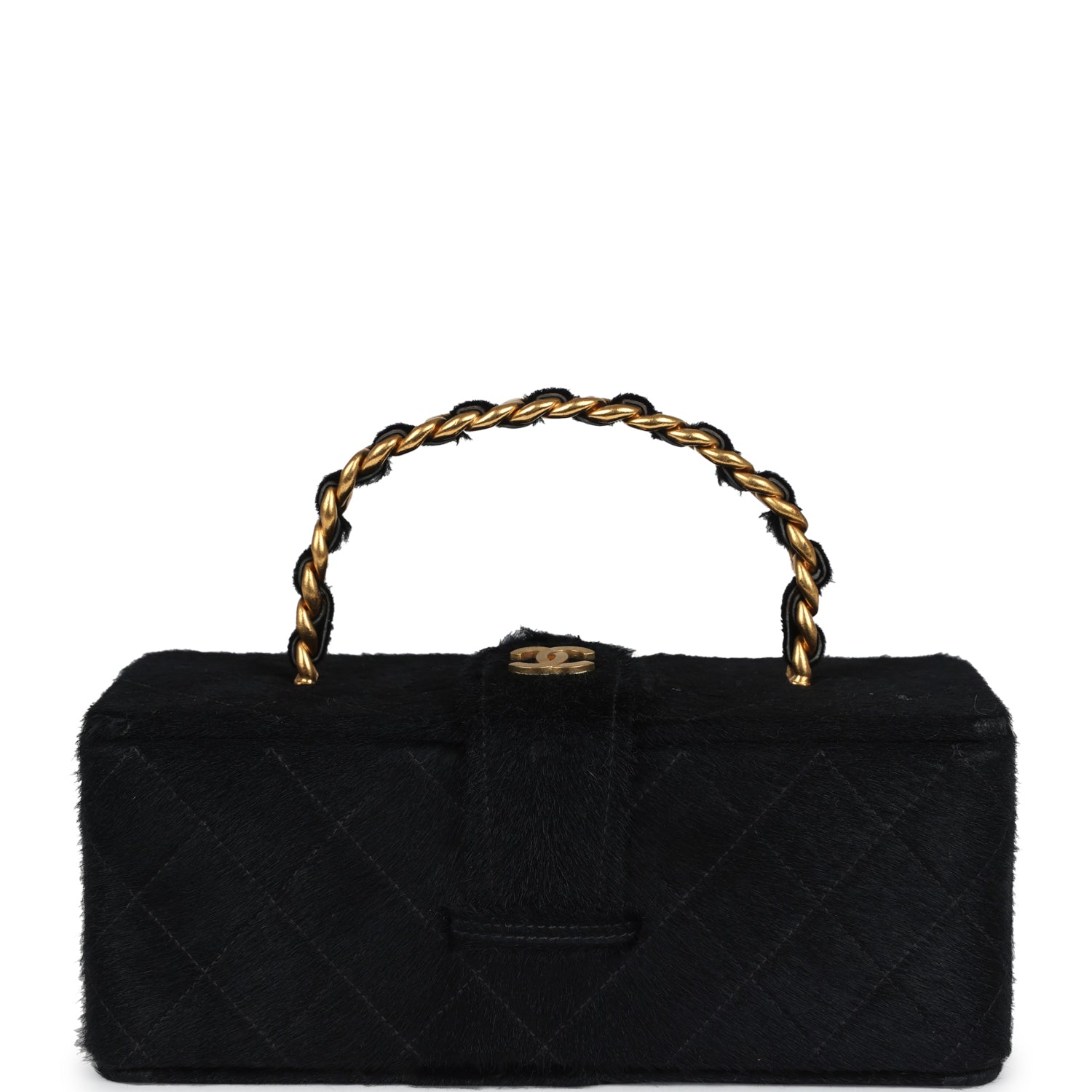 Vintage Chanel Rectangular Vanity Box Black Pony Hair Antique Gold Hardware