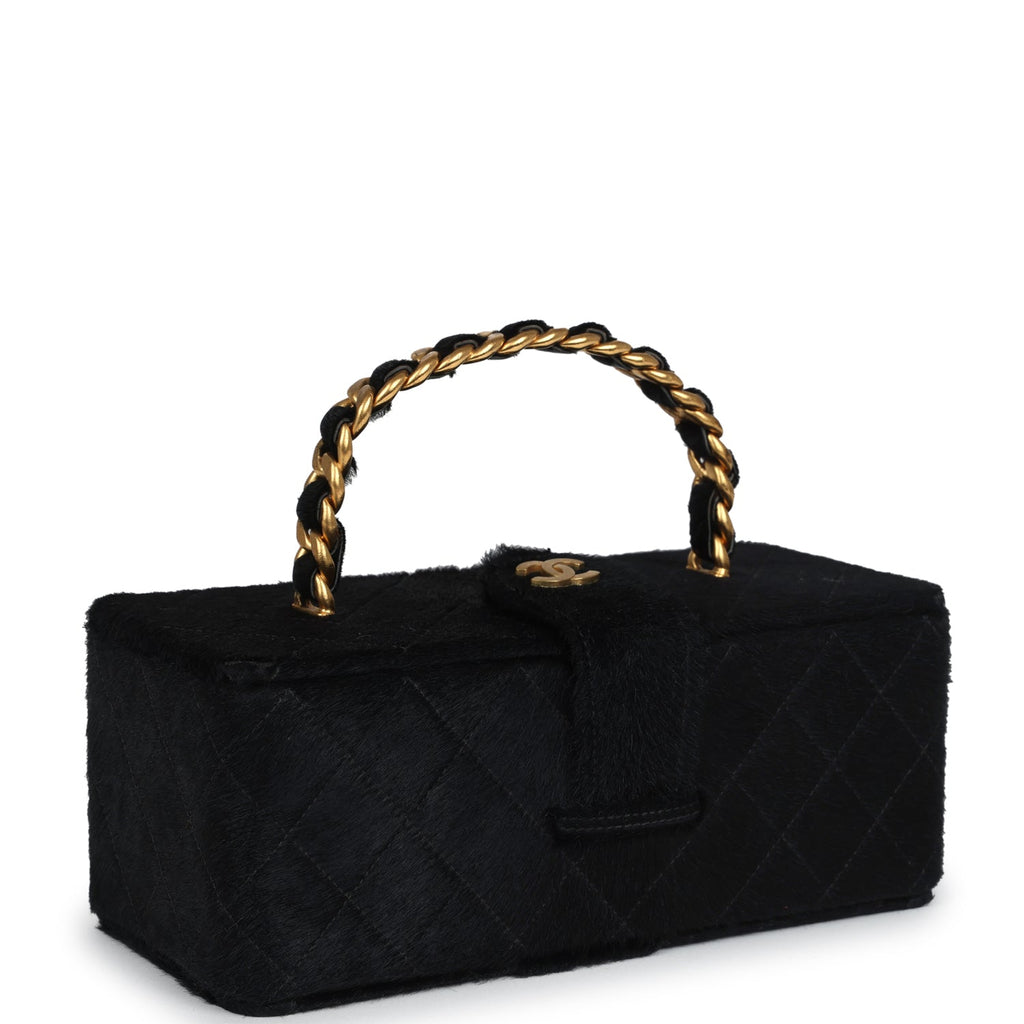 Vintage Chanel Rectangular Vanity Box Black Pony Hair Antique Gold Hardware