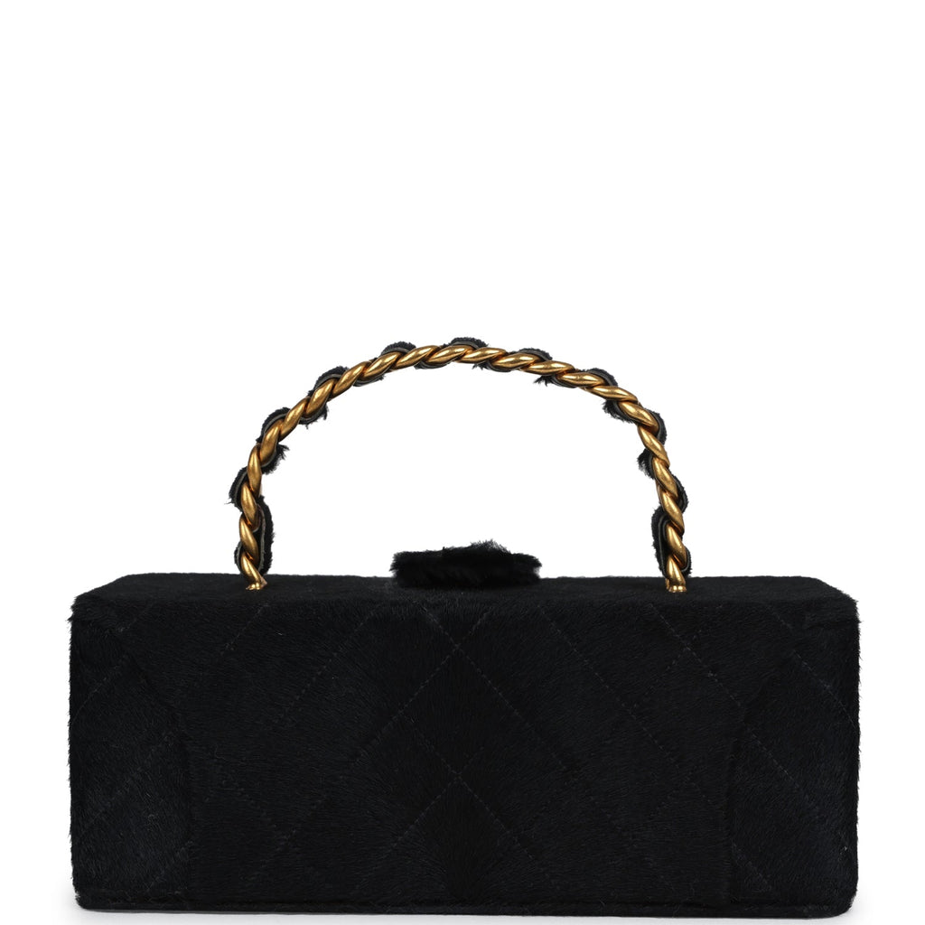 Vintage Chanel Rectangular Vanity Box Black Pony Hair Antique Gold Hardware