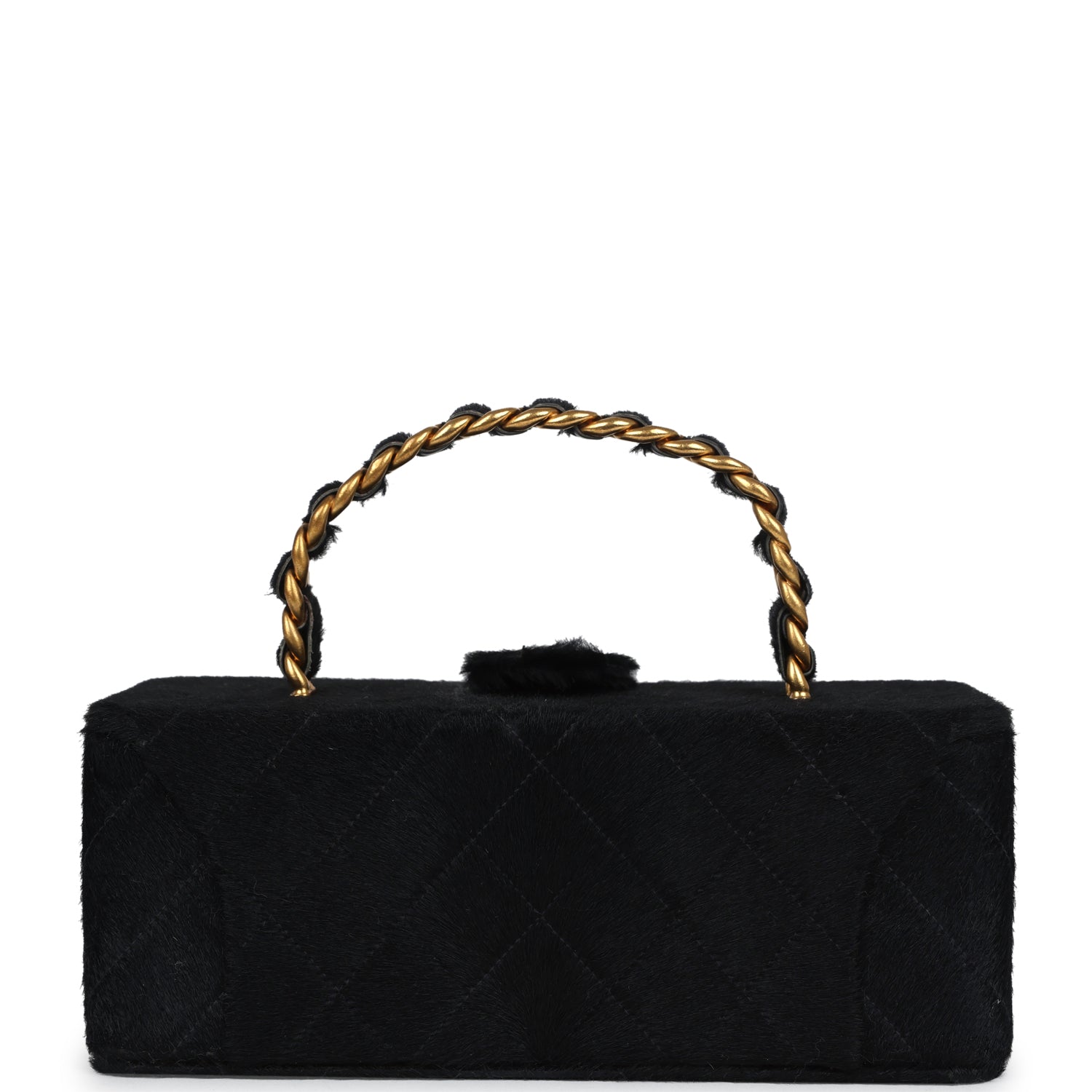 Vintage Chanel Rectangular Vanity Box Black Pony Hair Antique Gold Hardware