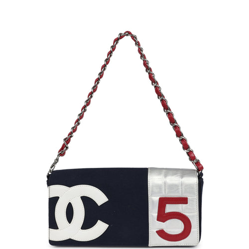 Vintage Chanel N0.5 Chain Shoulder Bag Navy, Silver, Red Canvas Silver Hardware