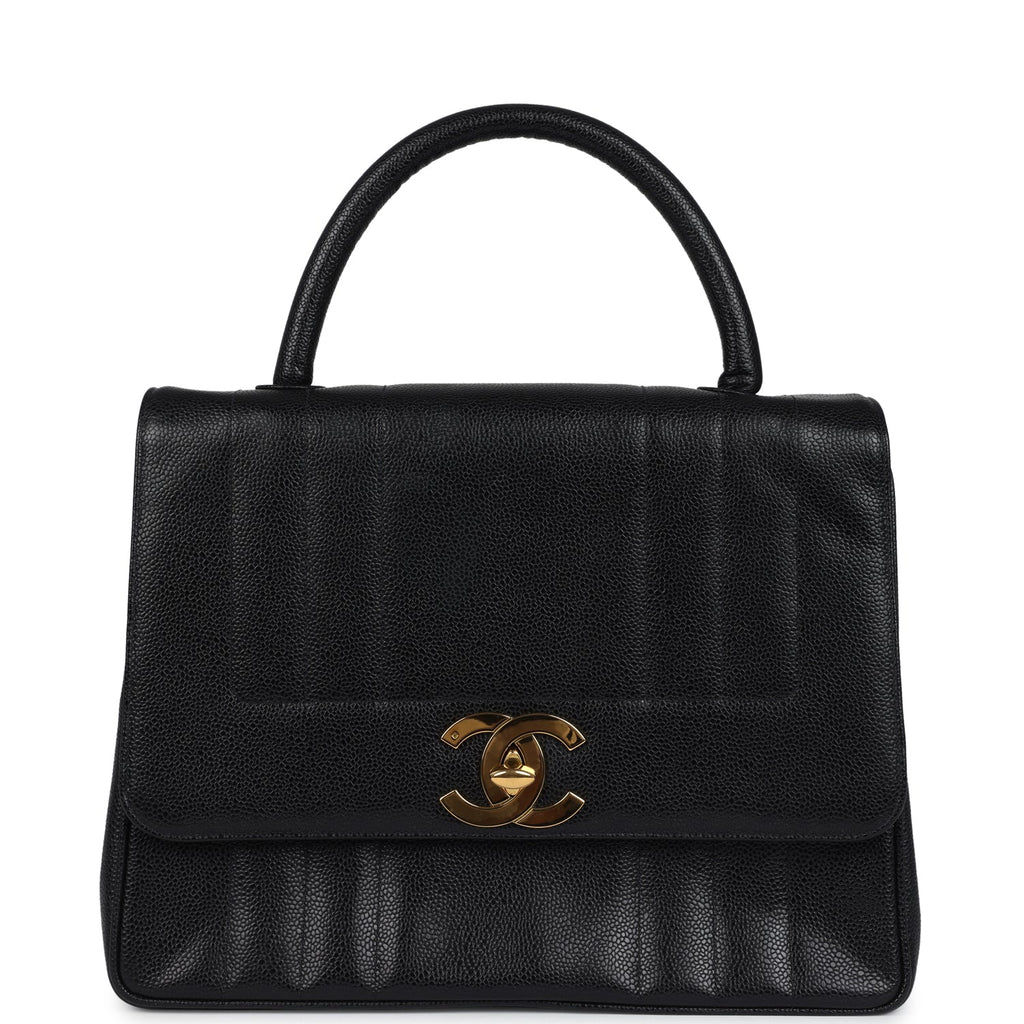 Vintage Chanel Vertical Stripe Kelly Flap Bag Black Caviar Gold Hardware