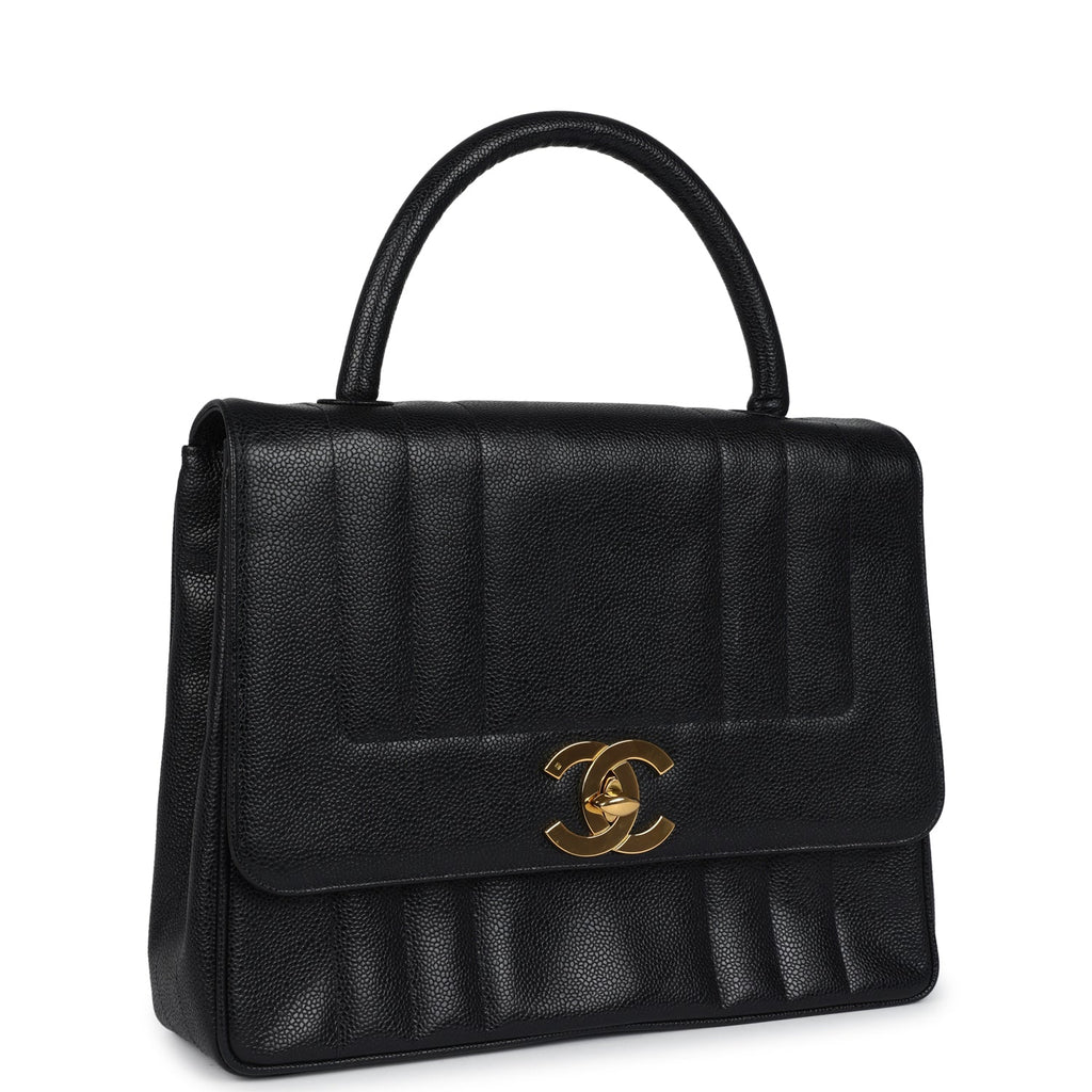 Vintage Chanel Vertical Stripe Kelly Flap Bag Black Caviar Gold Hardware