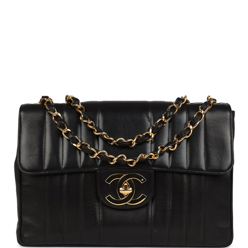 Vintage Chanel Jumbo Classic Mademoiselle Vertical Flap Black Lambskin Gold Hardware