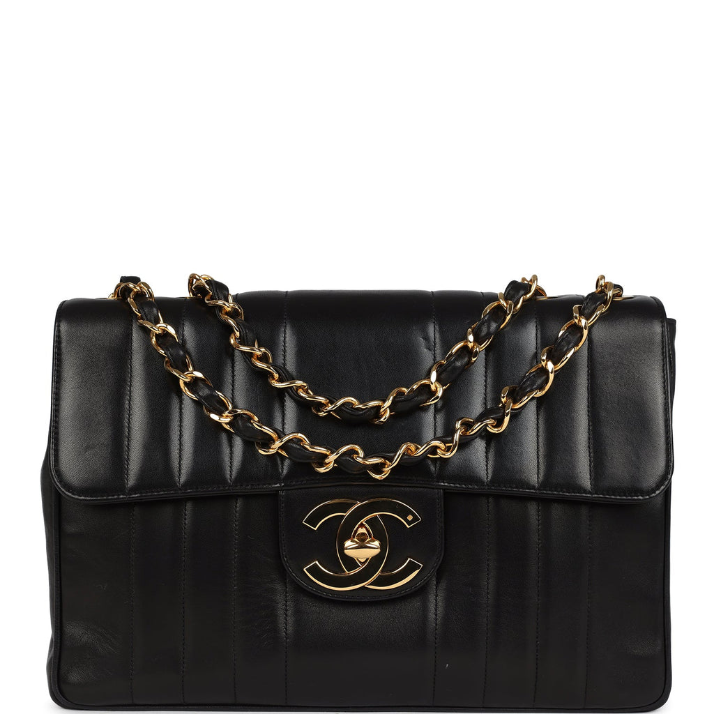 Vintage Chanel Jumbo Classic Mademoiselle Vertical Flap Black Lambskin Gold Hardware