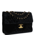 Vintage Chanel XL Classic Chevron Single Flap Bag Black Velvet Gold Hardware