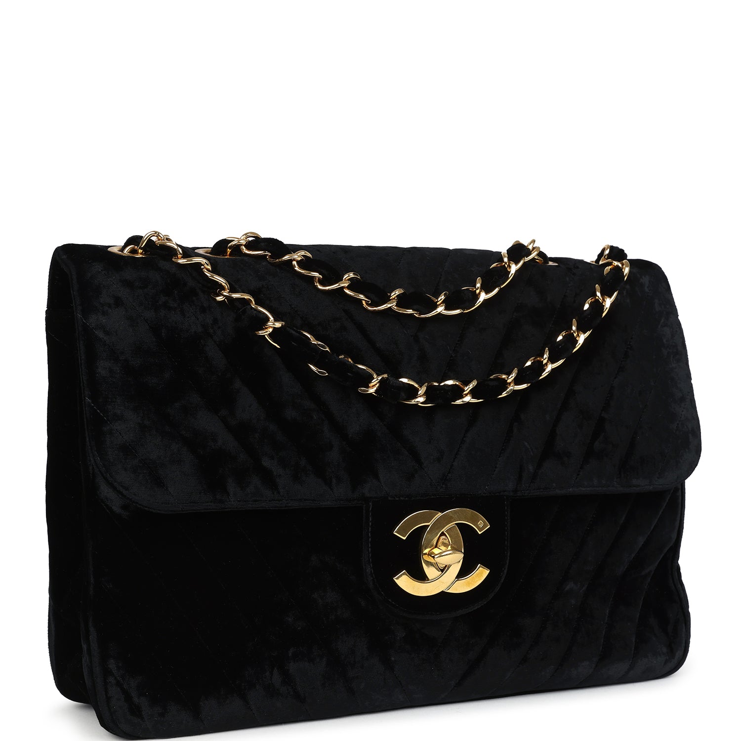 Vintage Chanel XL Classic Chevron Single Flap Bag Black Velvet Gold Hardware
