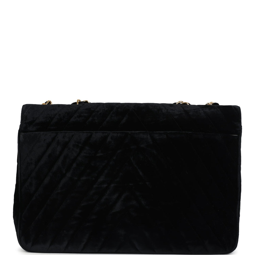 Vintage Chanel XL Classic Chevron Single Flap Bag Black Velvet Gold Hardware