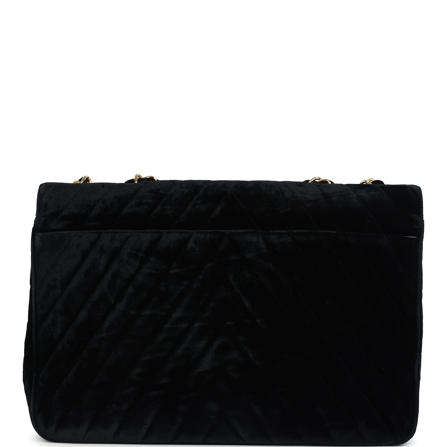 Vintage Chanel XL Classic Chevron Single Flap Bag Black Velvet Gold Hardware