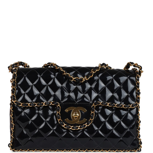 Vintage Chanel Maxi Classic Chain Around Single Flap Bag Black Patent Gold Hardware
