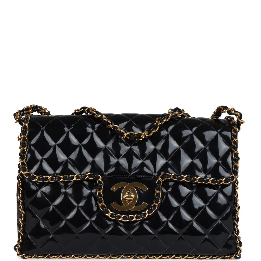 Vintage Chanel Maxi Classic Chain Around Single Flap Bag Black Patent Gold Hardware