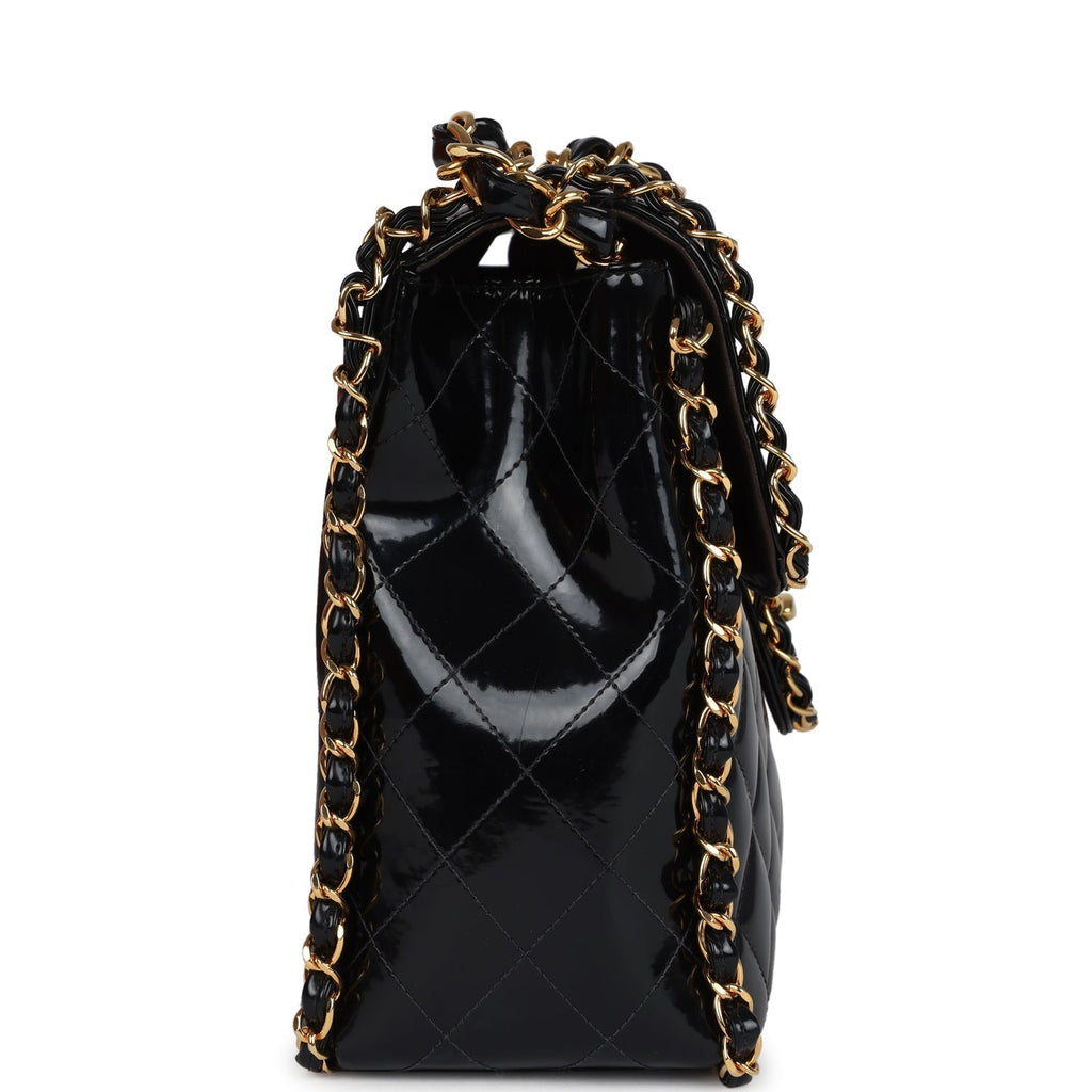 Vintage Chanel Maxi Classic Chain Around Single Flap Bag Black Patent Gold Hardware