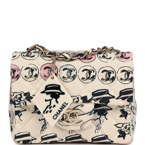Vintage Chanel Mini Logo Square Flap Bag Light Pink Multi Printed Nylon Light Gold Hardware