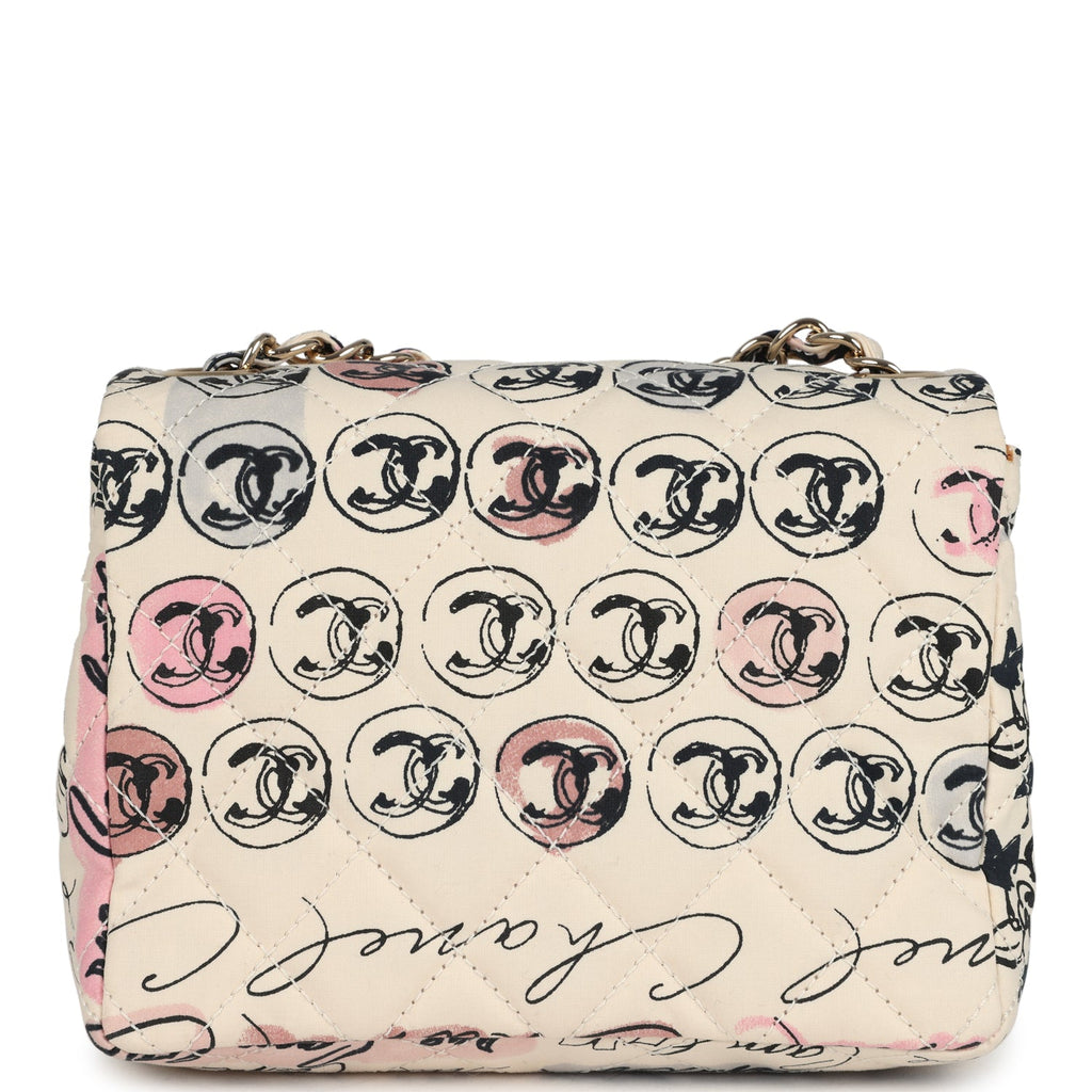 Vintage Chanel Mini Logo Square Flap Bag Light Pink Multi Printed Nylon Light Gold Hardware