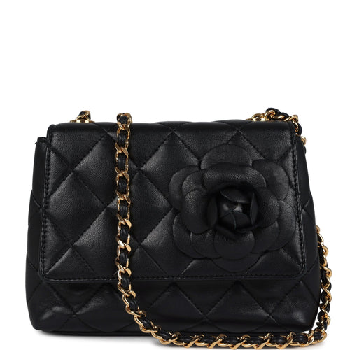 Vintage Chanel Mini Camellia Flap Bag Black Lambskin Gold Hardware