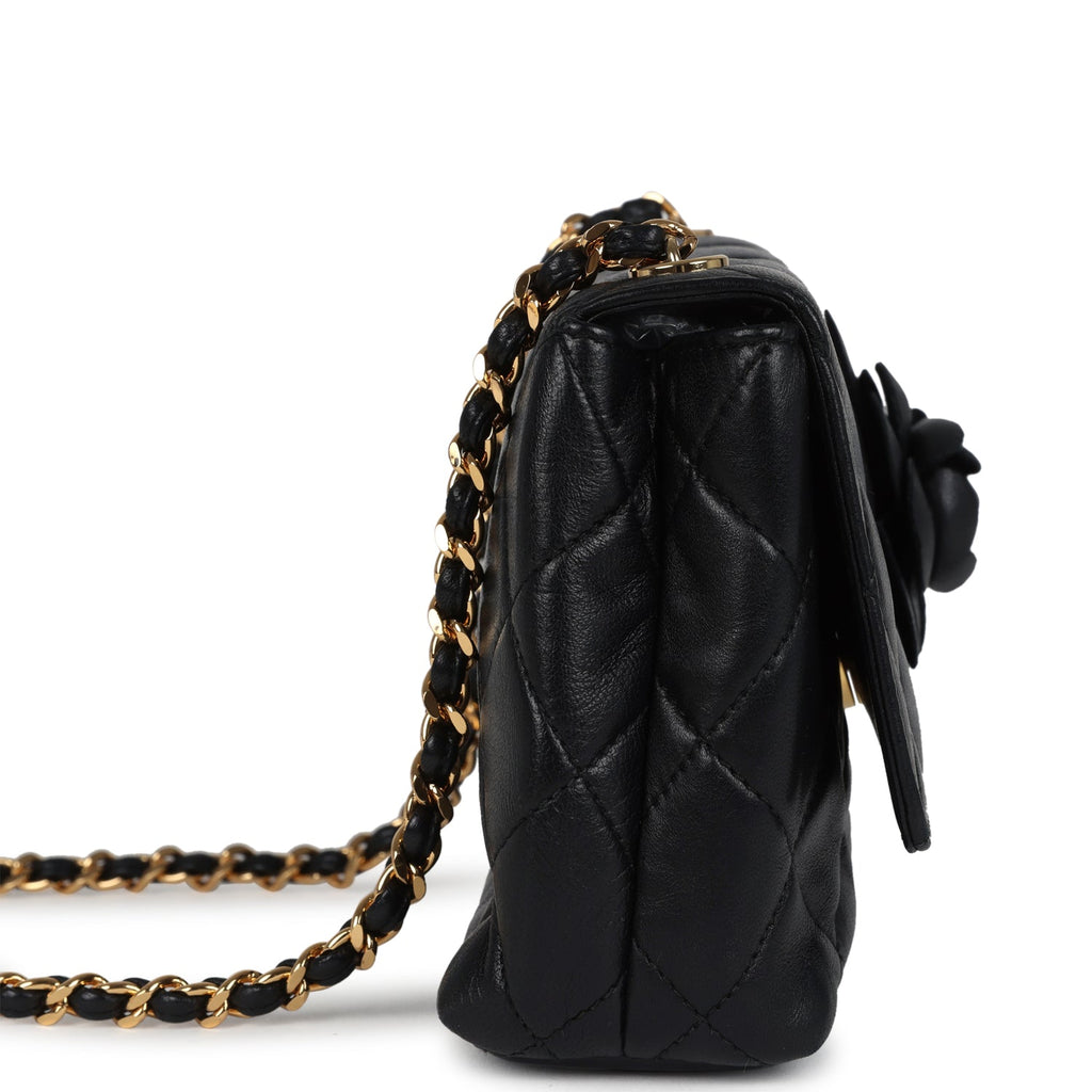 Vintage Chanel Mini Camellia Flap Bag Black Lambskin Gold Hardware