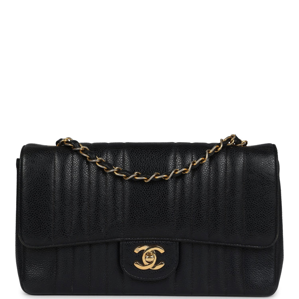 Vintage Chanel Medium Vertical Flap Bag Black Caviar Gold Hardware