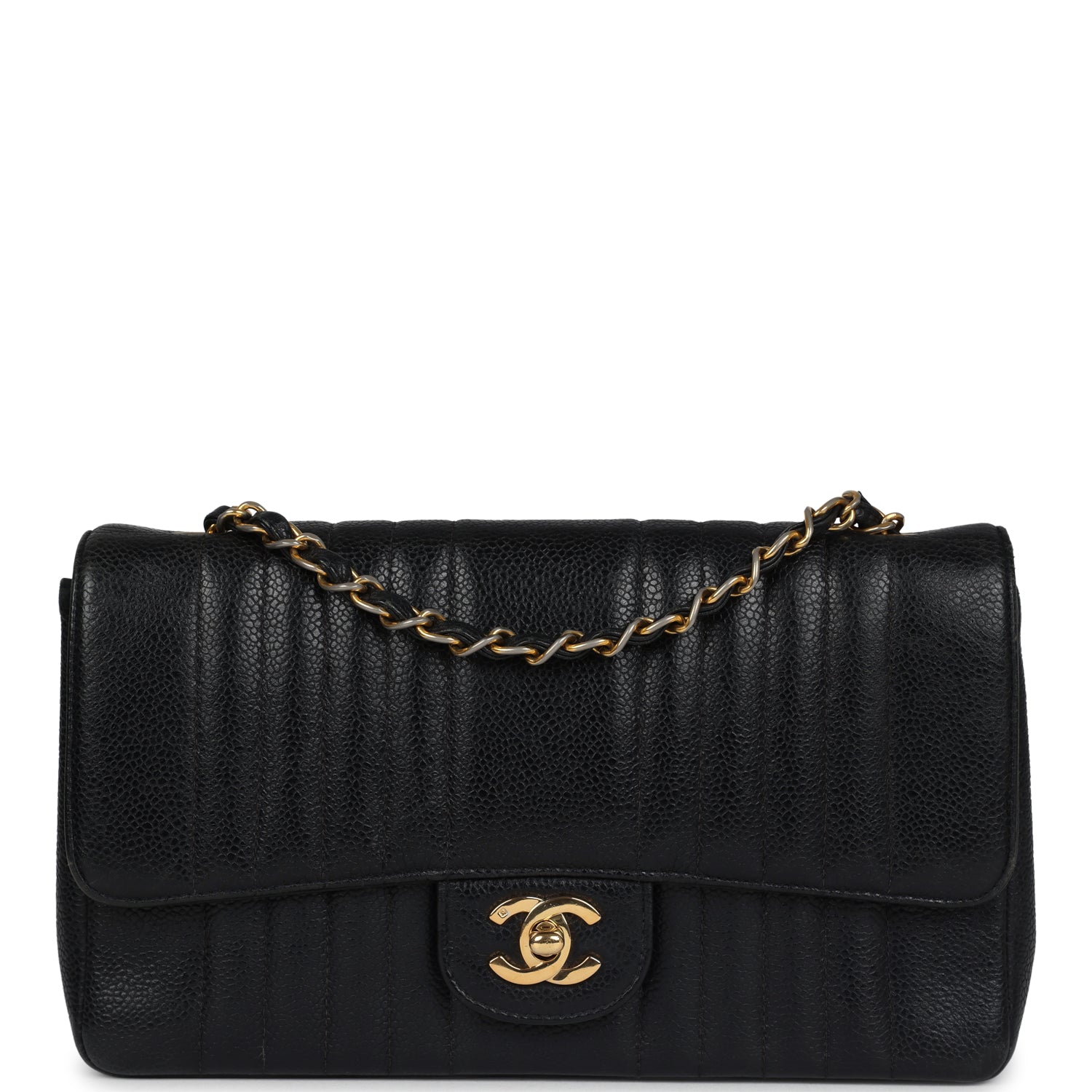 Vintage Chanel Medium Vertical Flap Bag Black Caviar Gold Hardware
