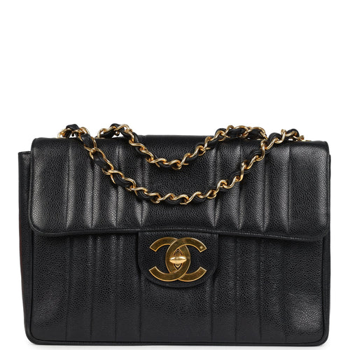 Vintage Chanel Jumbo Classic Mademoiselle Vertical Flap Black Caviar Gold Hardware